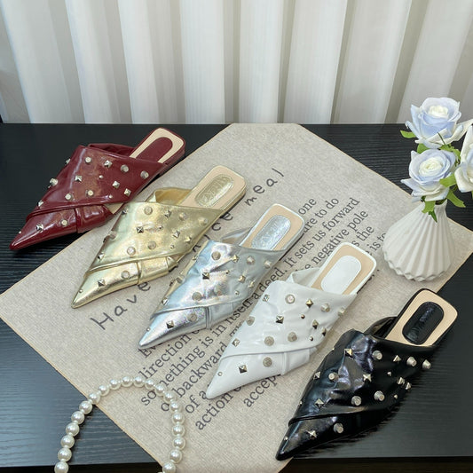 Rivet Boucle En Métal Sangle Croisée Talon Carré Pantoufles All-match Bout Fermé Moitié