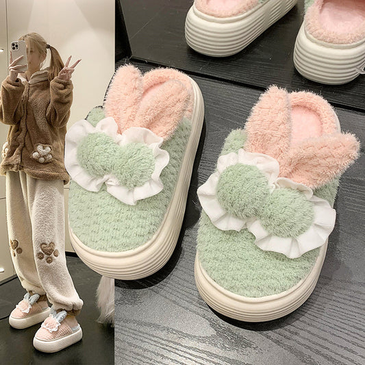 Pantoufles en coton à talons hauts dessin animé lapin mignon pour femmes