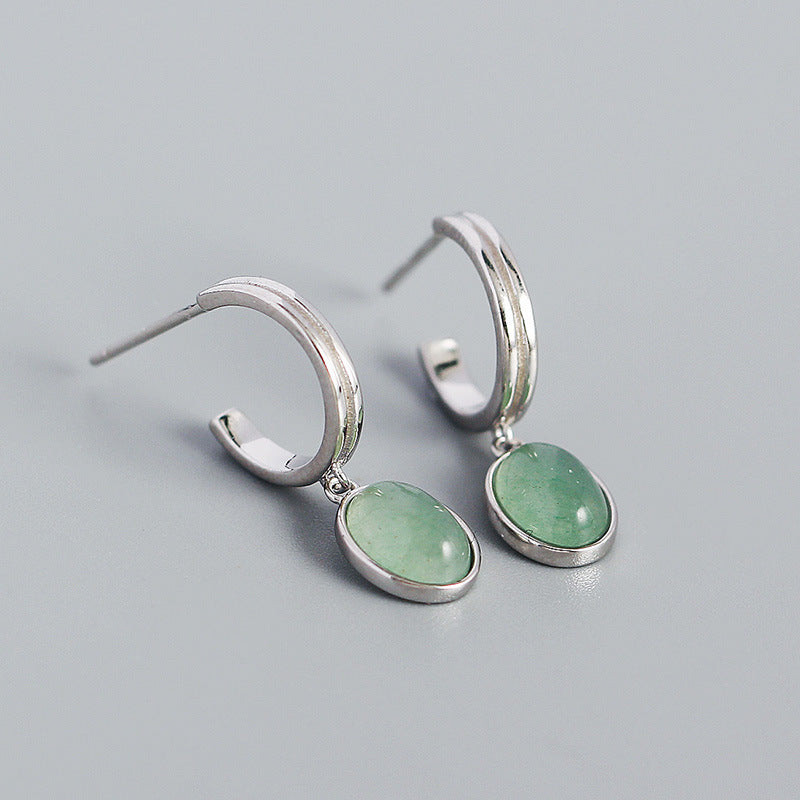 Boucles d'oreilles en argent S925 en forme de C, Aventurine verte de haute qualité, argent rétro