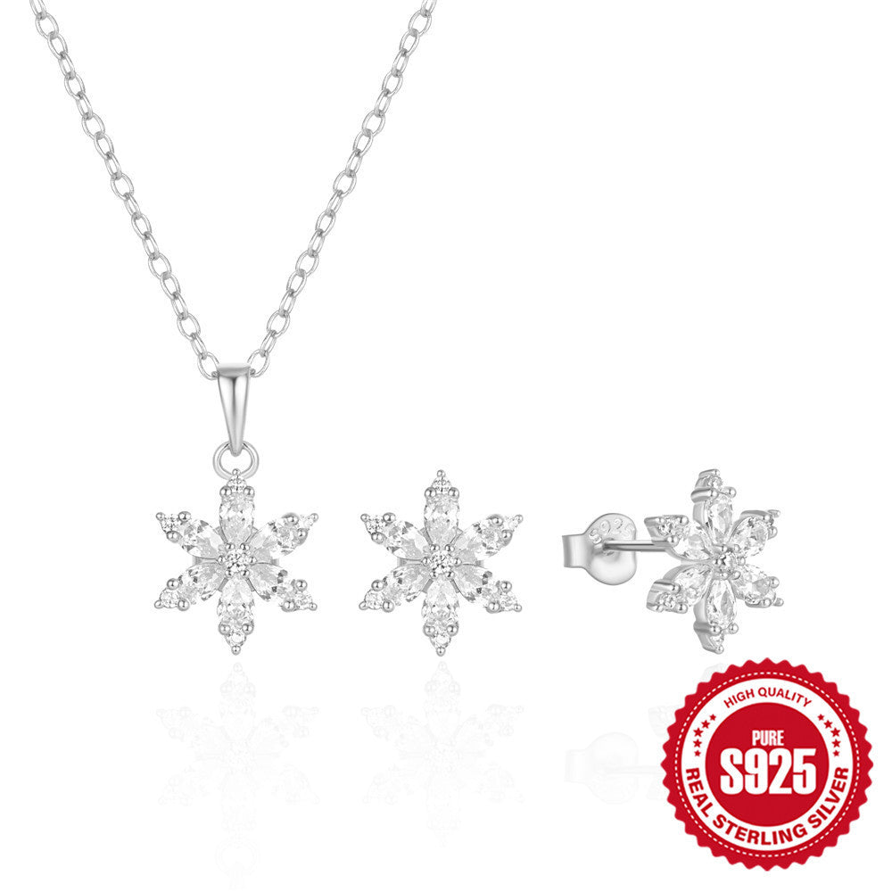 Sterling Silver Crystal Snowflake Ear Stud Necklace Suit