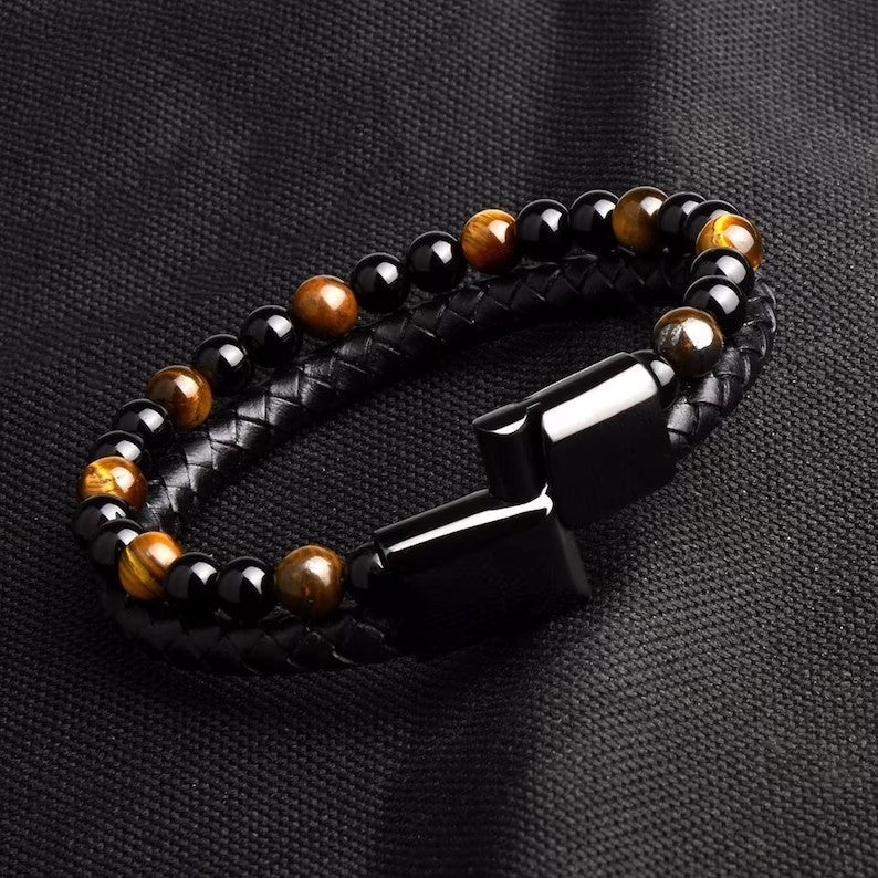 Bracelet en pierre naturelle en corde de cuir en alliage pour hommes
