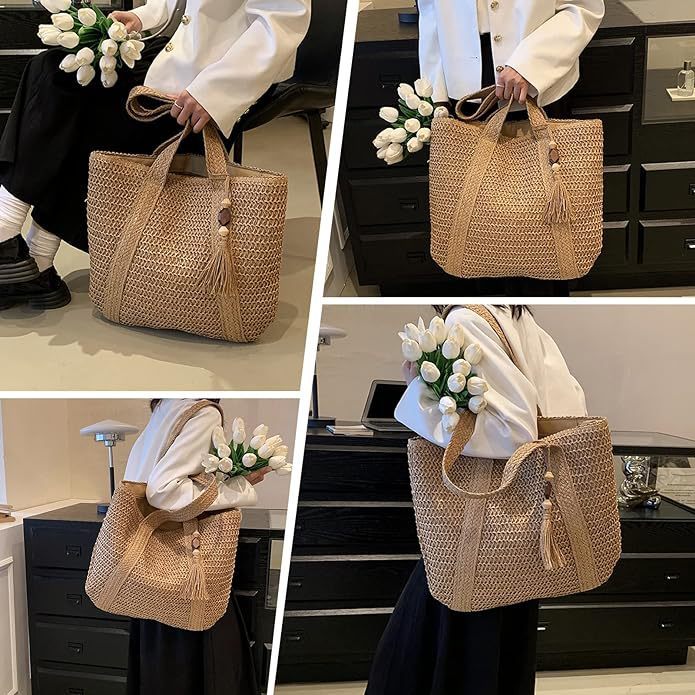 Bolso de paja para mujer con borlas tejidas en la playa