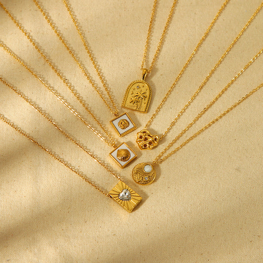 18K Gold Stainless Steel Heart Shell Palm Tree Geometric Pendant Necklace