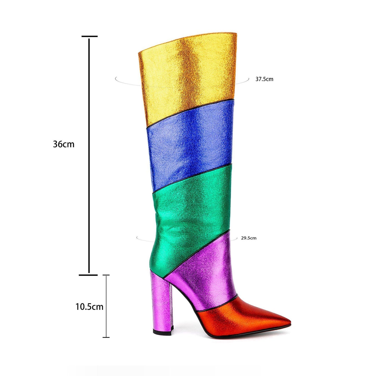 Bottes du milieu à talons épais et pointus en métal arc-en-ciel avec carte tribale