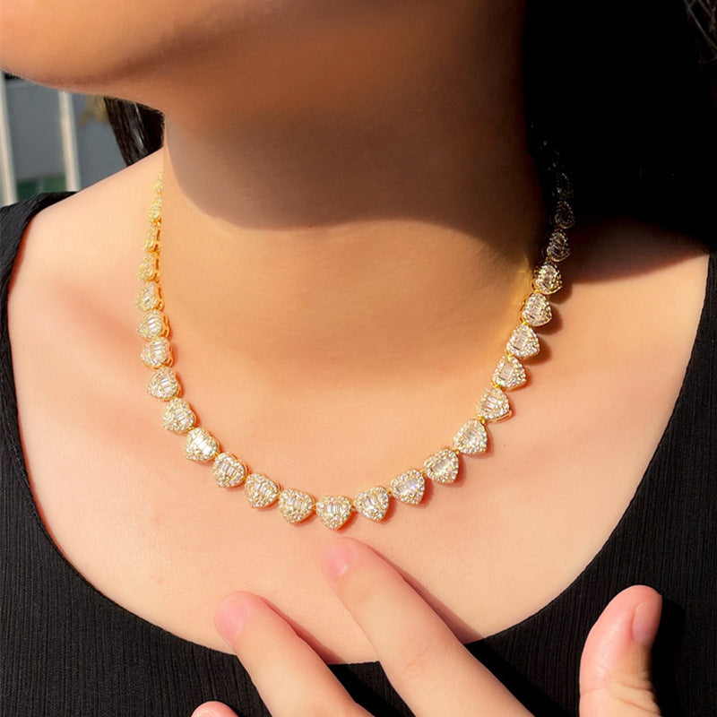 Collier Hip Hop en Zircon en forme de cœur cubain, plein de diamants, couture de cœur de pêche