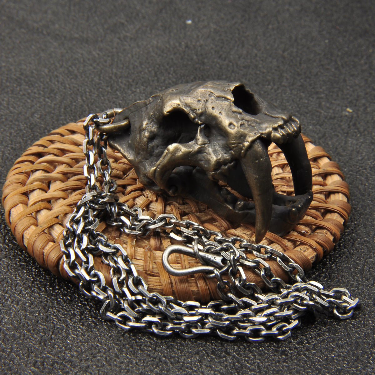 Vintage Brass Saber-toothed Cat Skull Pendant Necklace