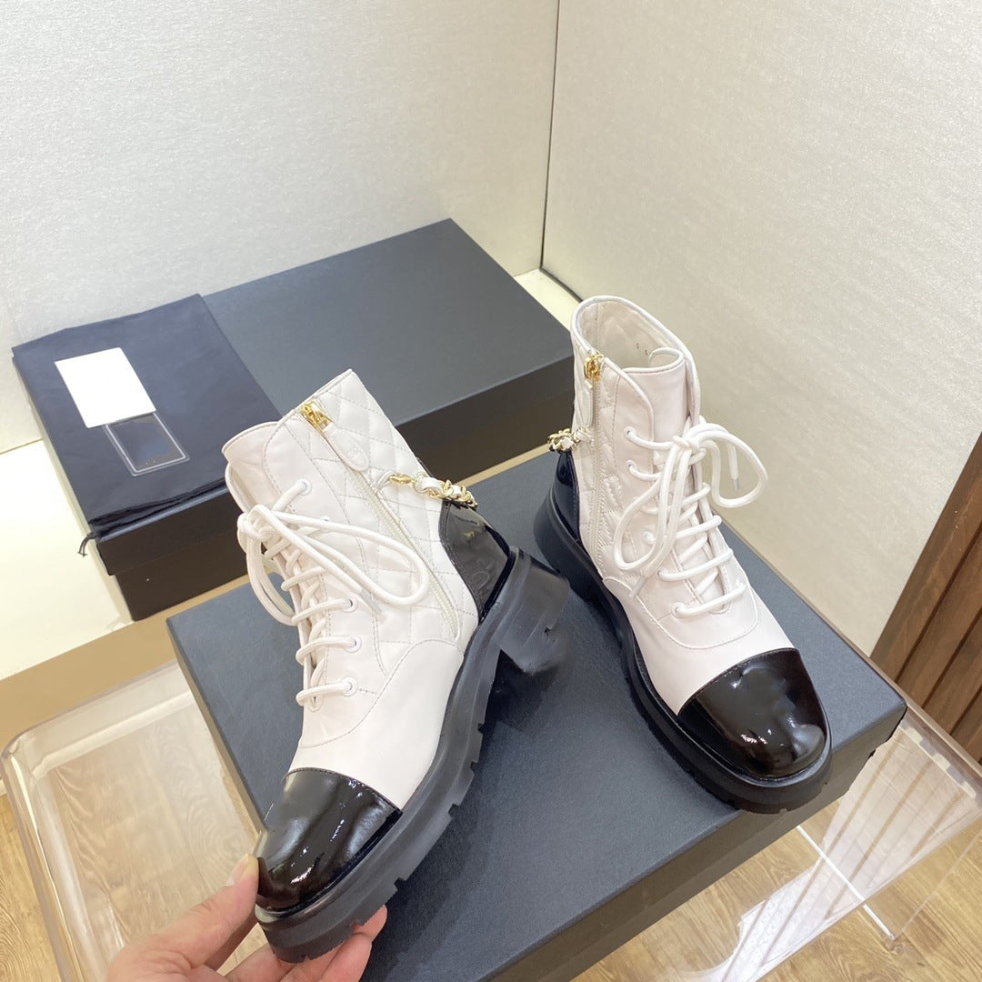 Chaîne de bottes courtes de style classique à bout rond avec fermeture éclair latérale française et talon épais