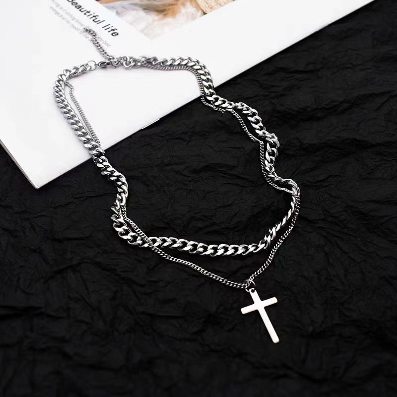 Collier croisé double couche en acier titane pour hommes cubains