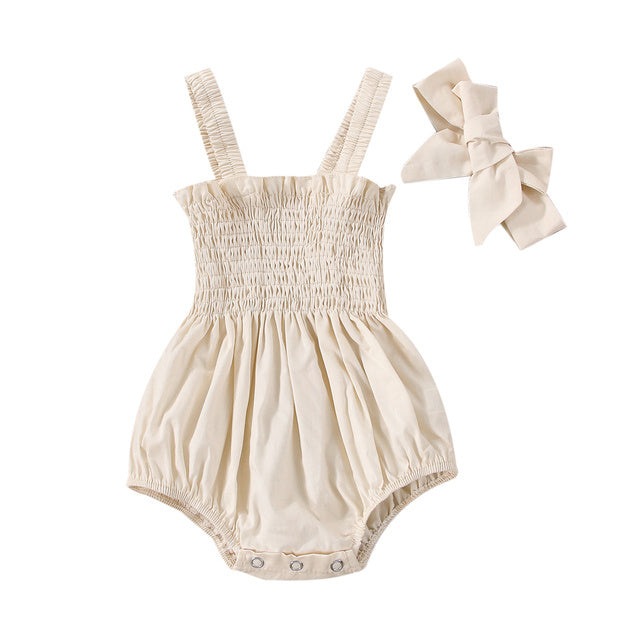 Combinaison d'été pour bébé fille, tenue froncée de couleur unie