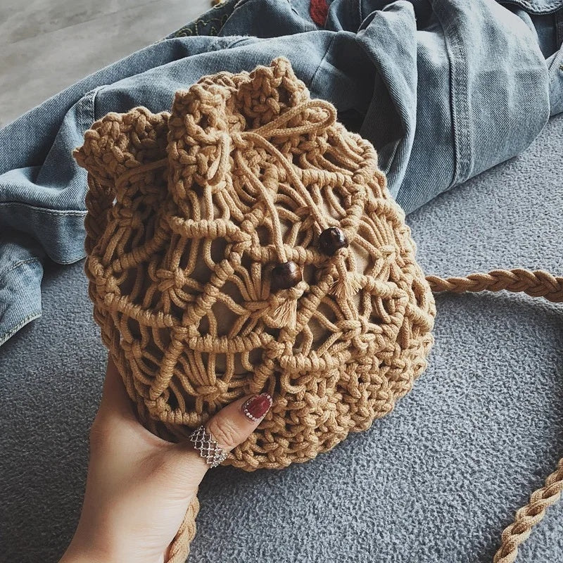 Women's Round Diagonal Cotton Crochet Tassel Small Bag
