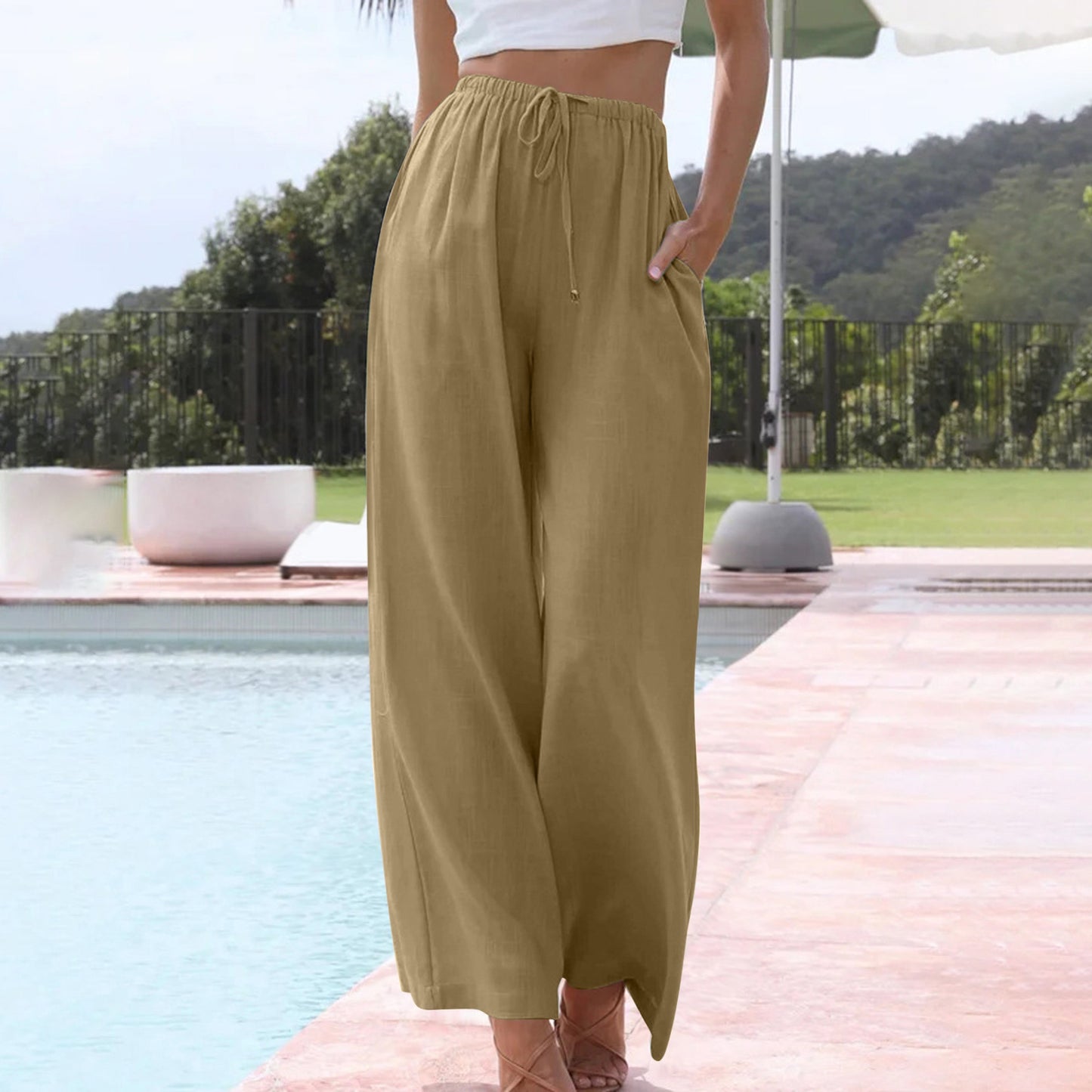 Spring And Summer Cotton And Linen Drawstring Casual Women's Wide-leg Trousers