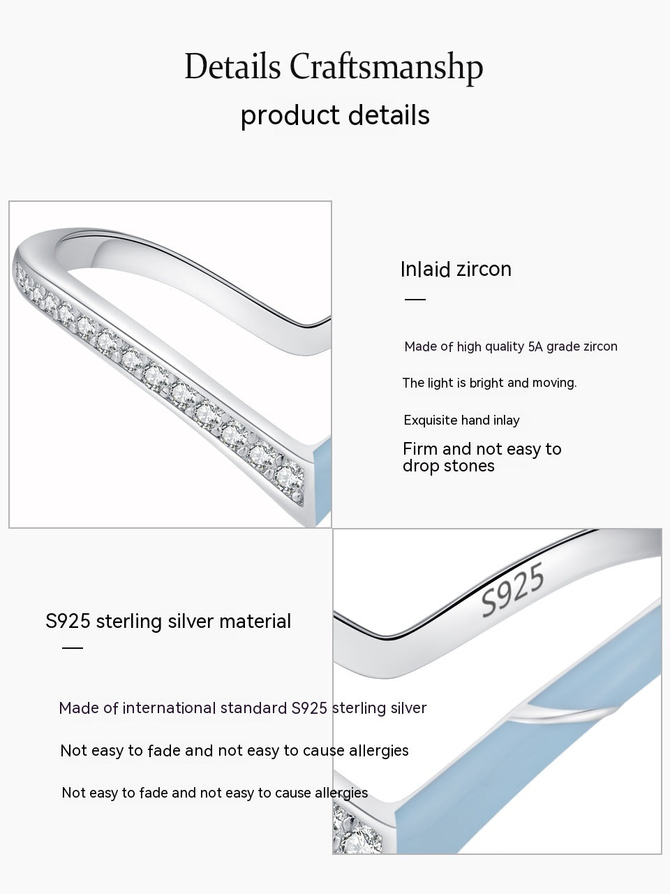 S925 Sterling Silver Fashion V-shaped Blue Enamel Diamond-studded Ring