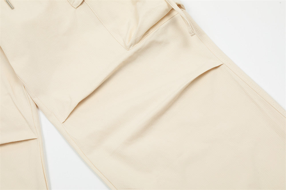Loose Design Pleated Solid Color Multi-pocket Ankle Banded Pants