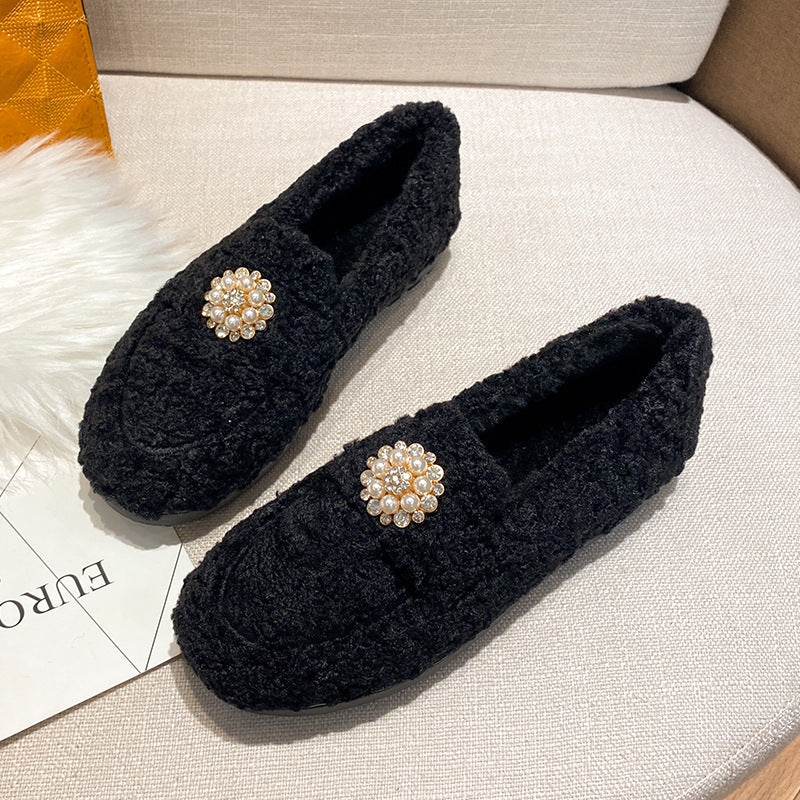 Zapatos al aire libre para mujer, otoño e invierno, lana de cordero, parte inferior plana, sin cordones, parte inferior gruesa, talla grande