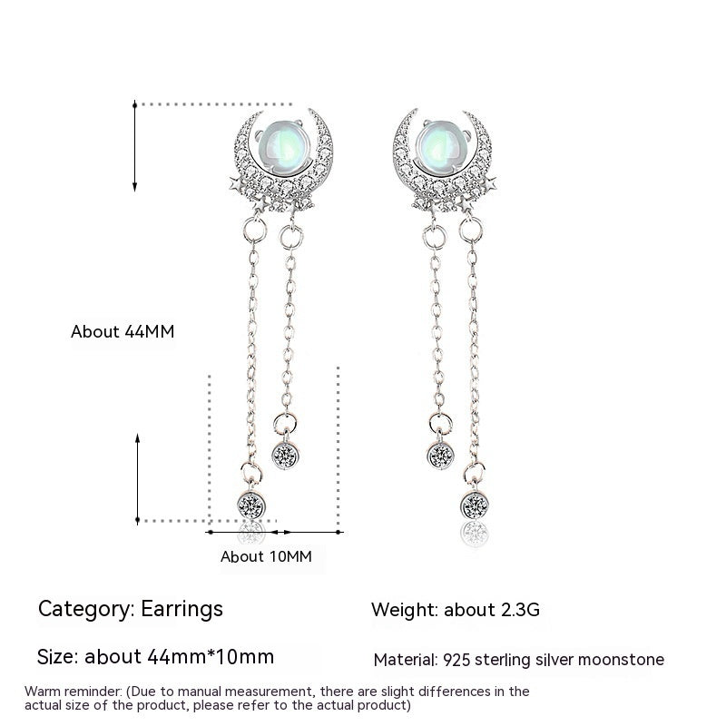 S925 Sterling Silver Long Elegant Bright Moon Star Moonstone Tassel Earrings Women's High-grade Cold Style