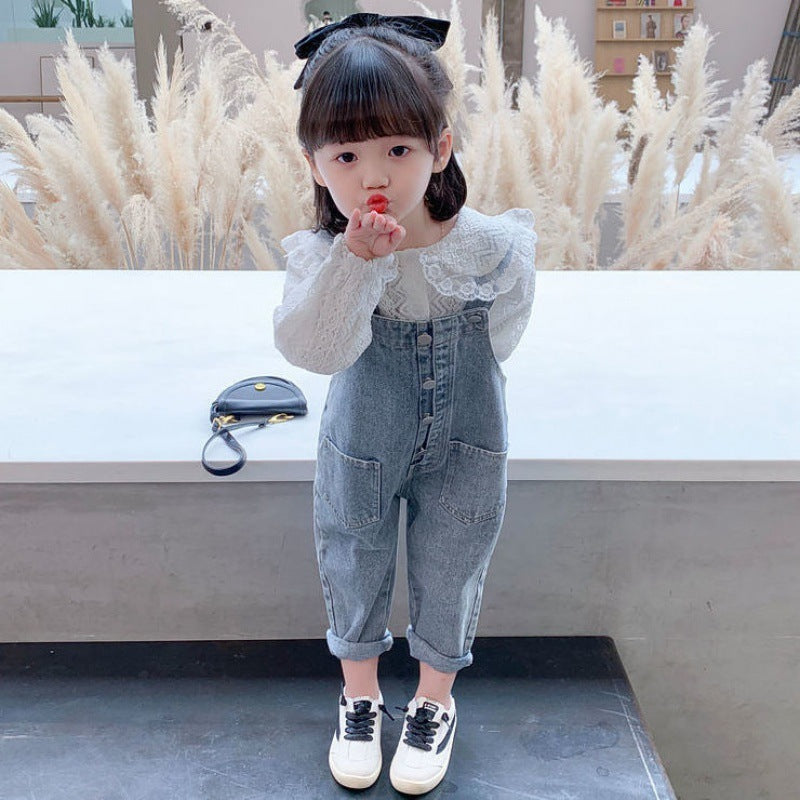 Salopette en jean et chemise en dentelle pour filles, costume deux pièces