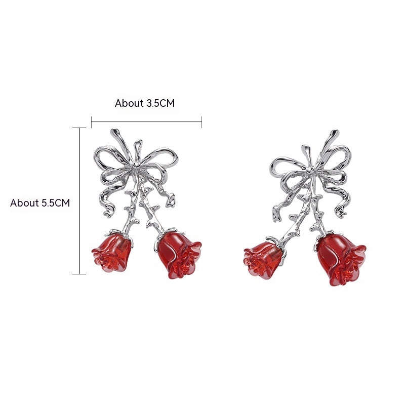 Red Rose Bow Earrings For Women