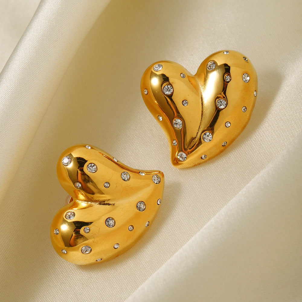 Boucles d'oreilles mode en or 18 carats et acier inoxydable incrusté de diamants blancs, cœur d'amour