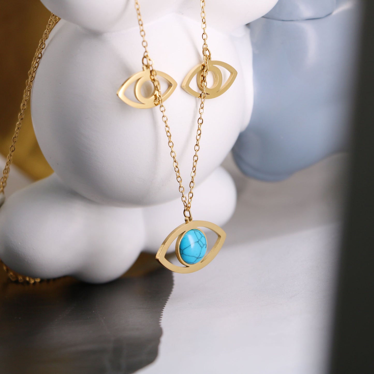 Decoration Titanium Steel 18K Gold Blue Turquoise Devil's Eye Element Necklace Female Special-interest Design Twin Style
