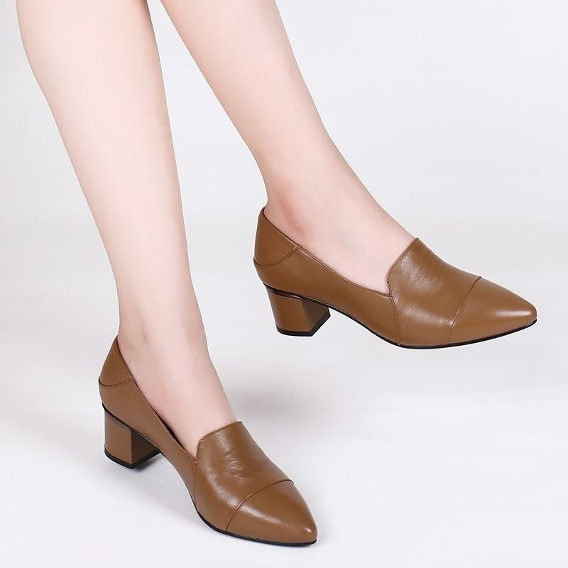 Chaussures en cuir à talon épais et bout pointu en cuir souple