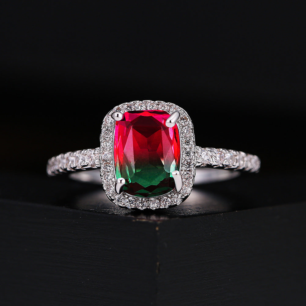 Anillo de ópalo de diamante rosa multicolor europeo y americano circonita con incrustaciones de moda Simple