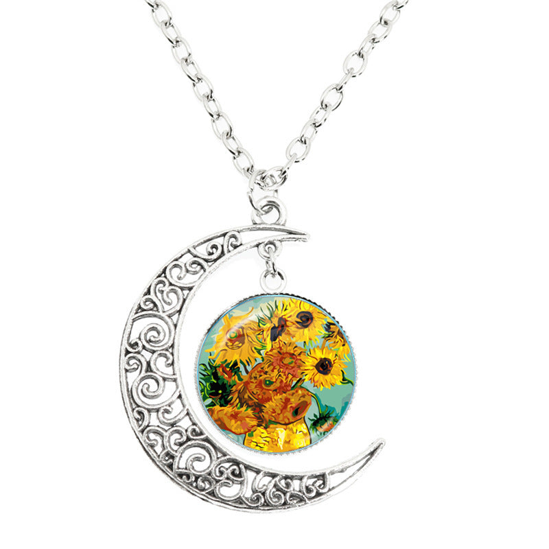 Van Gogh Starry Night Painting Moon Necklace Glass Round