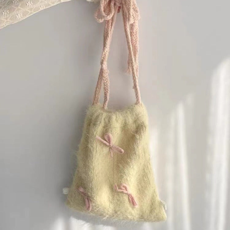 Sac à dos avec cordon de serrage, sac en tissu à fourrure avec nœud papillon, jaune tendre pour dames