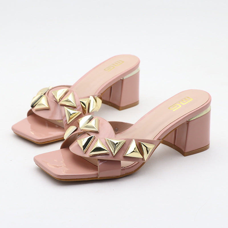 Temporada Zapatos altos con punta abierta Tacón grueso Sandalias al aire libre simples para mujer a juego