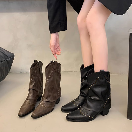 Bottes collants à bout pointu rétro coupe en V pour femmes, Design d'intérêt spécial