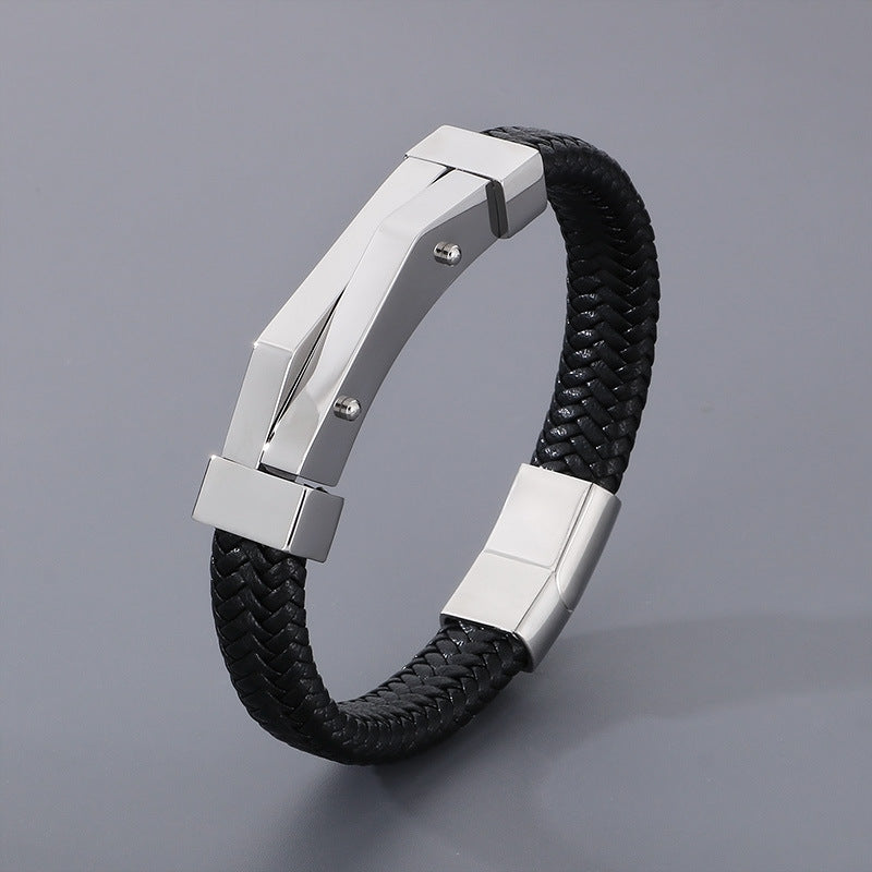 Bracelet en cuir géométrique en acier inoxydable pour hommes, personnalité de la mode