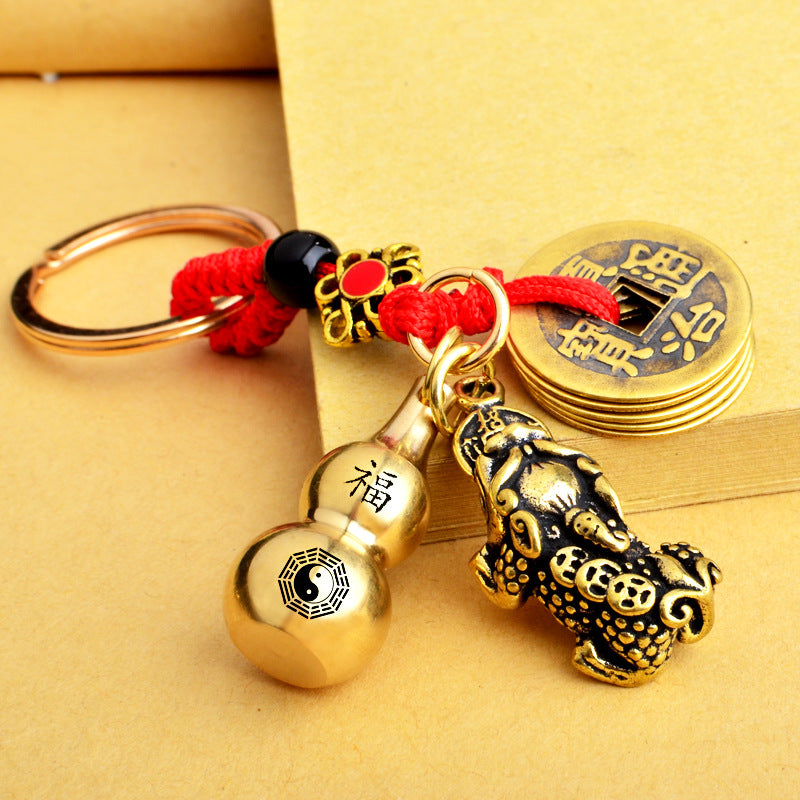 Brass Gourd Zodiac Keychain Vintage Pi Xiu Pendant Qing Dynasty Five Emperors' Coins Free Cinnabar Small Jewelry Factory Wholesale