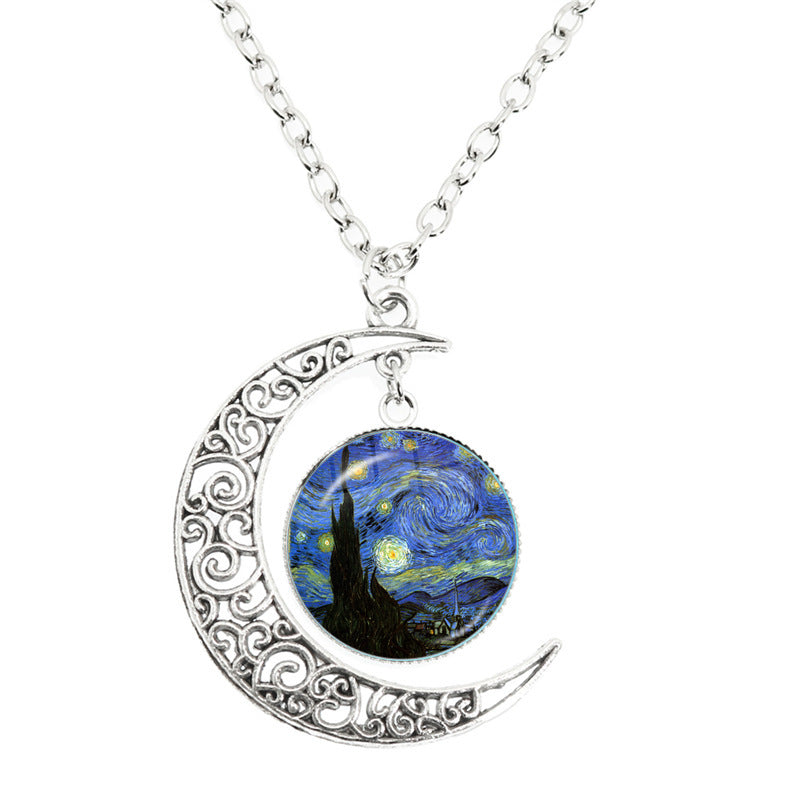 Van Gogh Starry Night Painting Moon Necklace Glass Round