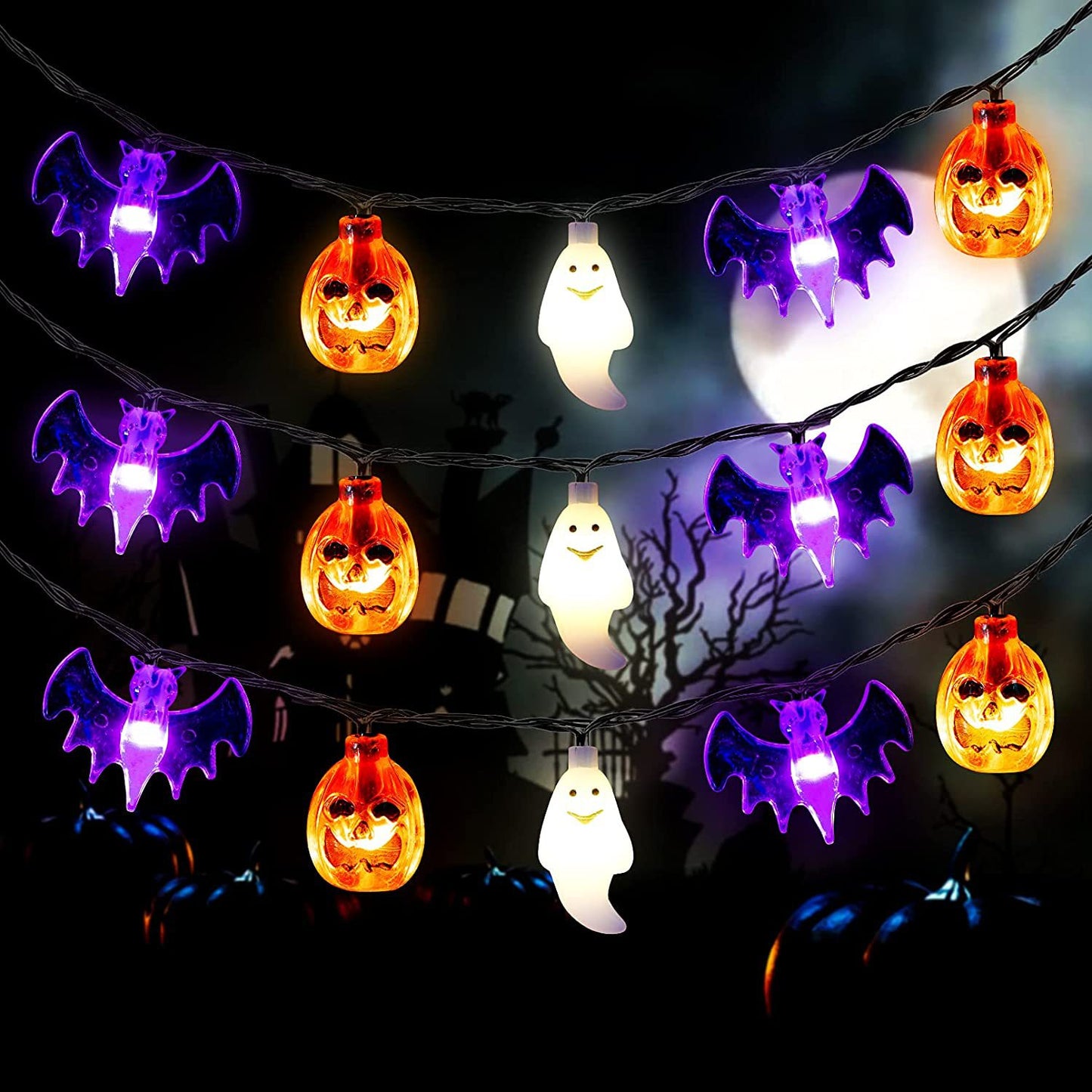 Guirnalda de luces LED para Halloween, calabaza, araña, murciélago, calavera, decoración para el hogar, jardín, fiesta, exterior, Halloween