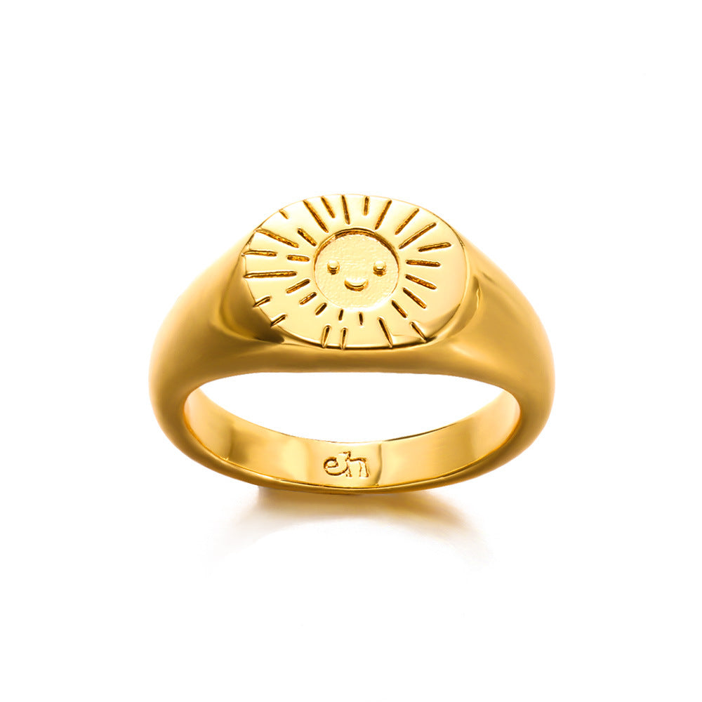 18K Smiling Face Sun Light Ring Simple Retro