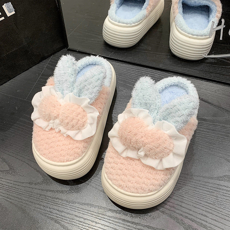 Pantoufles en coton à talons hauts dessin animé lapin mignon pour femmes