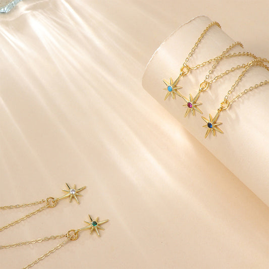 Women's Personalized Copper-plated Gold Inlaid Zircon Eight Awn Star Pendant Necklace