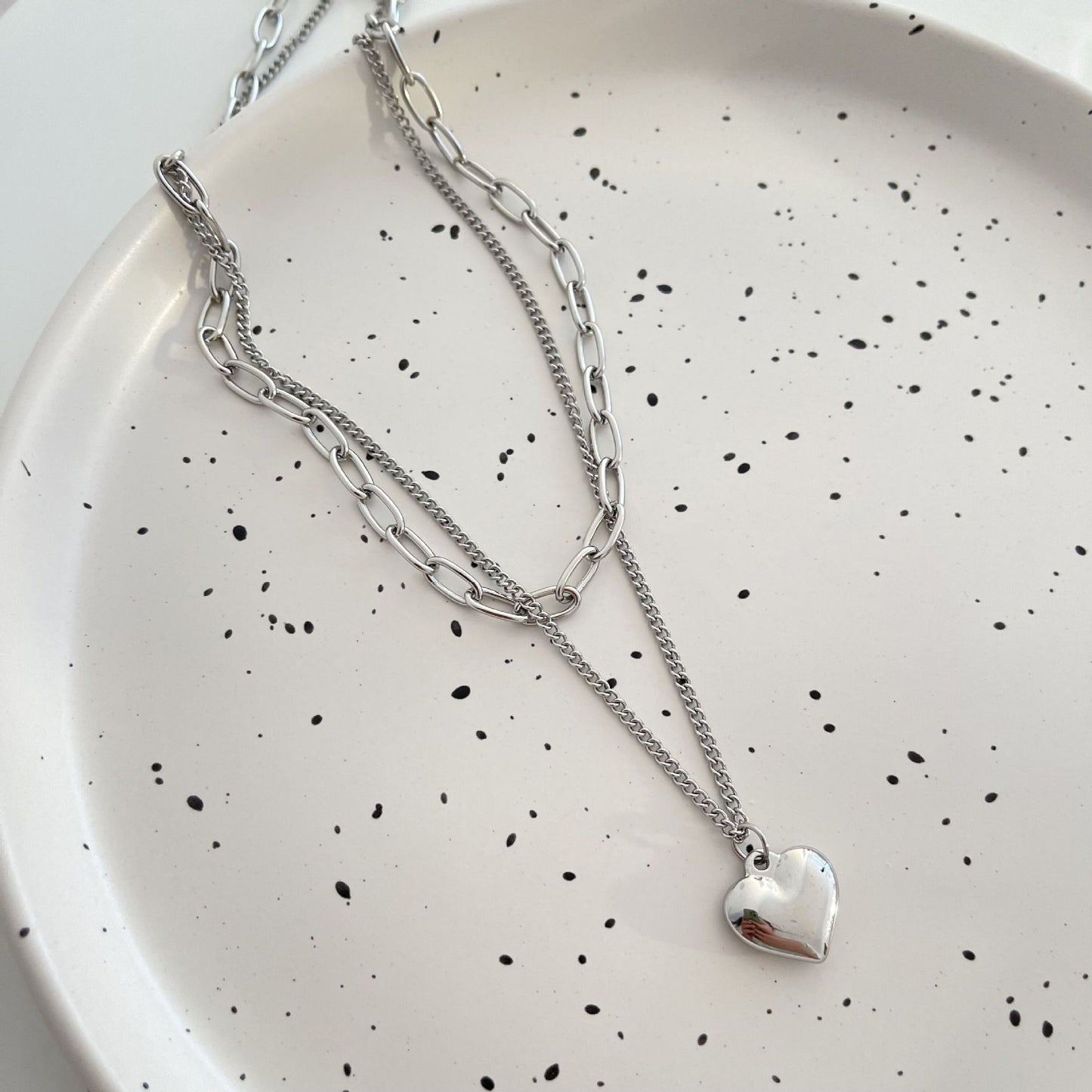 Collier simple en acier titane, double couche, double amour, style Ins
