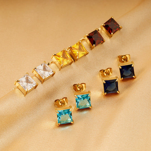 New Simple Titanium Steel 14K Gold Four Claw Inlaid Stone Square Diamond Small Ear Studs