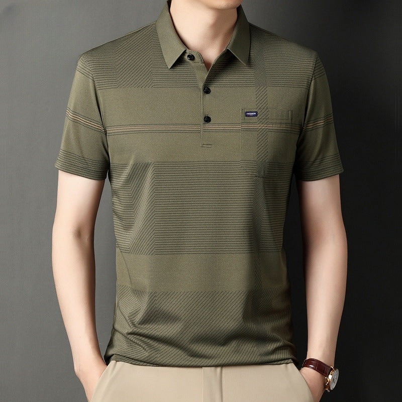 Men's Stripe Belt Lapel Short Sleeve Polo Shirt