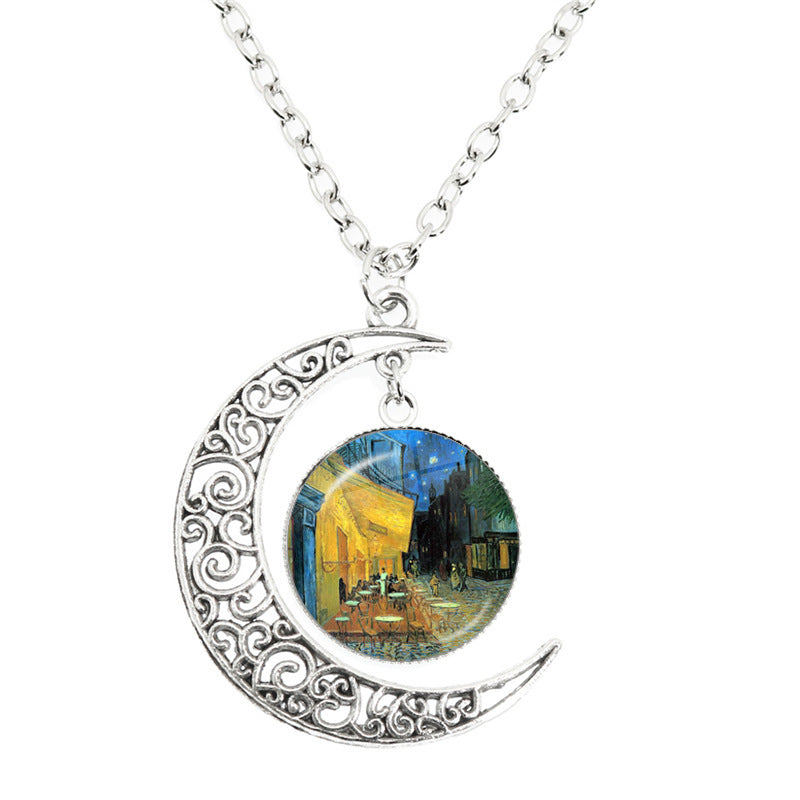 Van Gogh Starry Night Painting Moon Necklace Glass Round