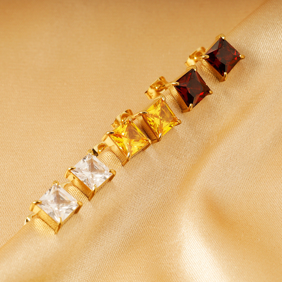 New Simple Titanium Steel 14K Gold Four Claw Inlaid Stone Square Diamond Small Ear Studs