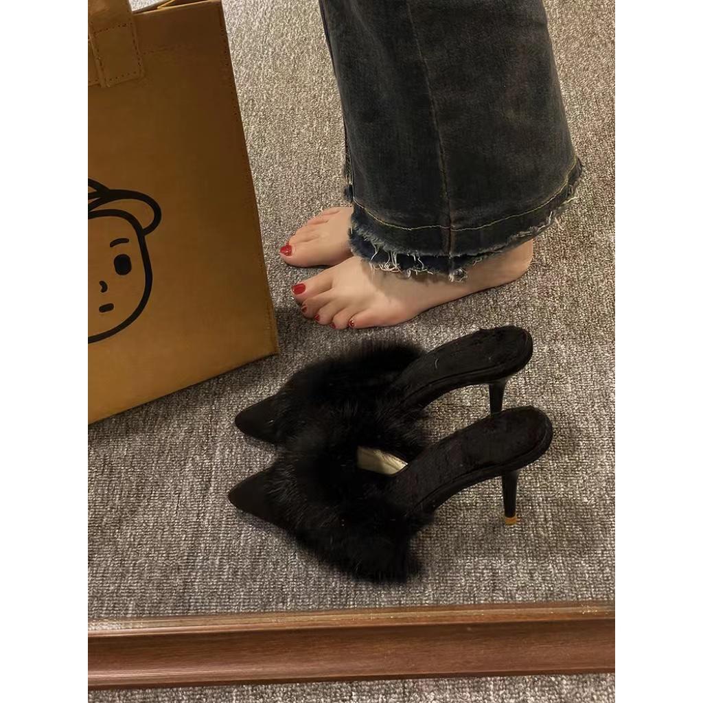 Furry High Heel Sandals Women's Wild French Pointed Fashion