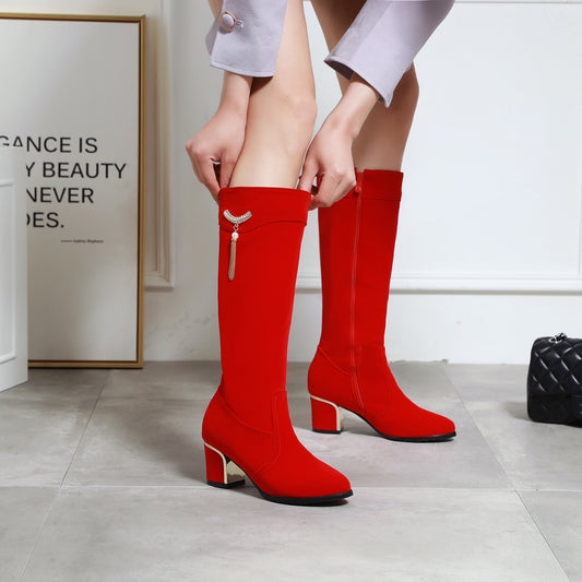 Botas de gamuza de talla grande y pequeña para mujer, colgante de diamantes de imitación de Metal, tacón alto grueso, cremallera lateral