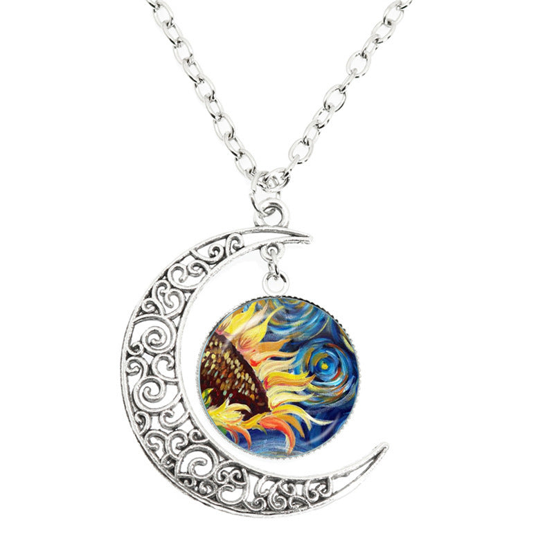 Van Gogh Starry Night Painting Moon Necklace Glass Round