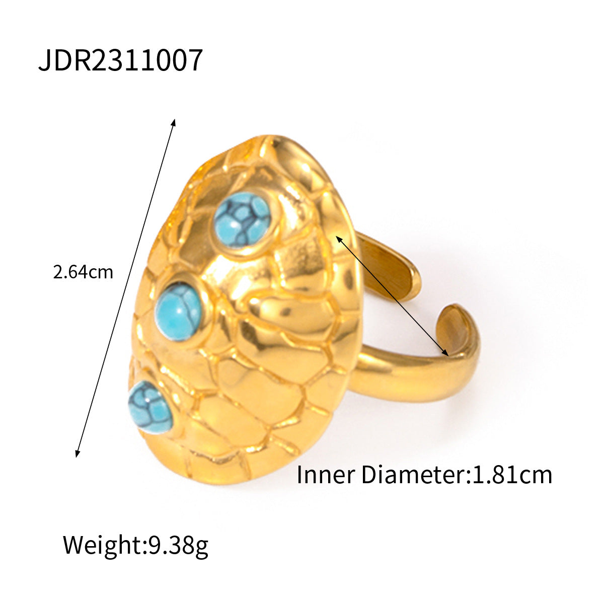 Anillo de apertura de caparazón de tortuga turquesa con incrustaciones de acero inoxidable