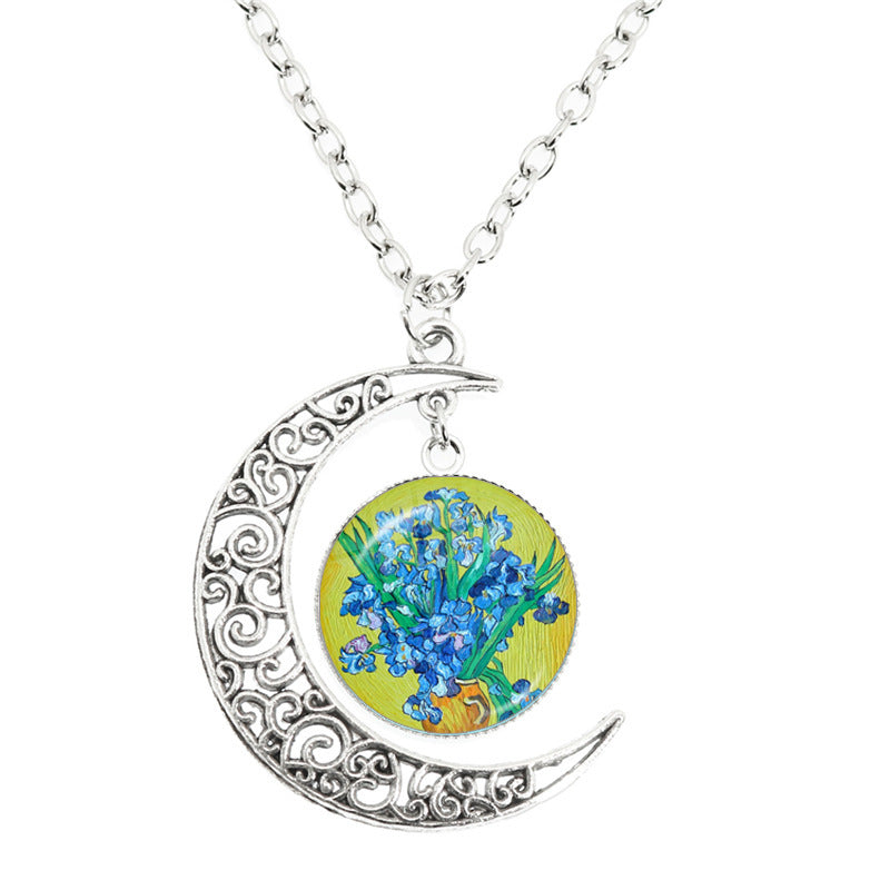 Van Gogh Starry Night Painting Moon Necklace Glass Round