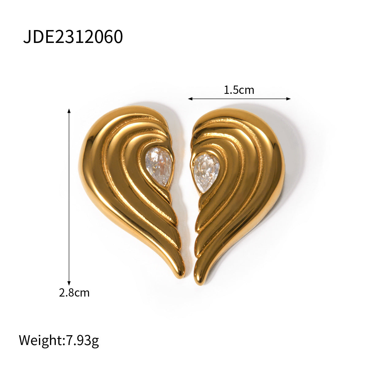 18k Gold Stainless Steel Inlaid Zircon Symmetrical Heart Earrings