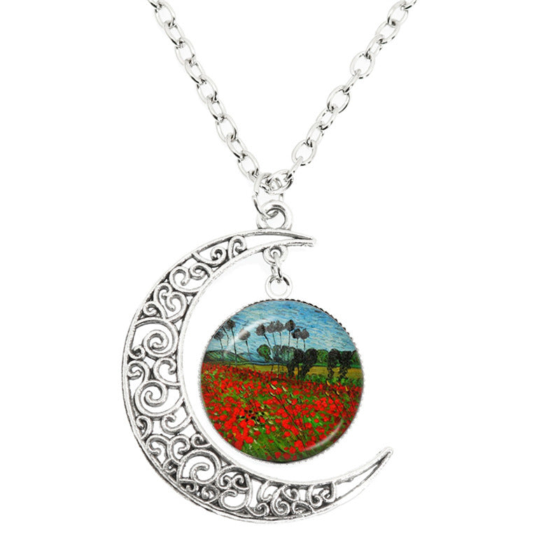 Van Gogh Starry Night Painting Moon Necklace Glass Round
