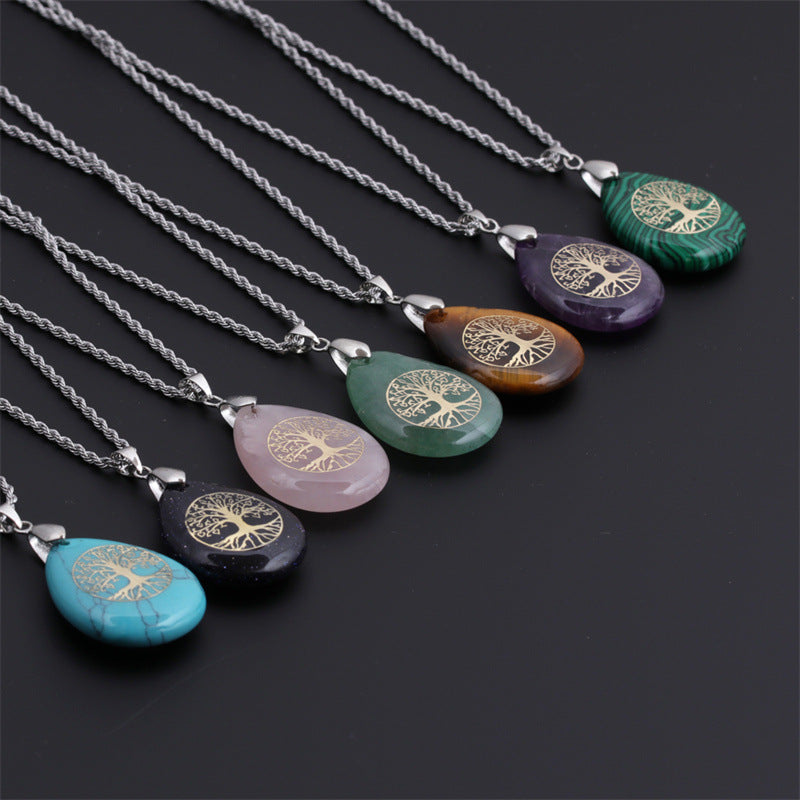 Crystal Water Drop Pendant Crafts Carved Lucky Tree Necklace