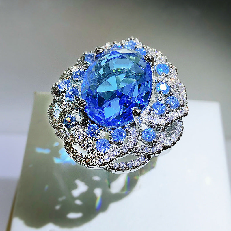 Artificial Ocean Blue Topaz Colored Gems Open Ring For Women